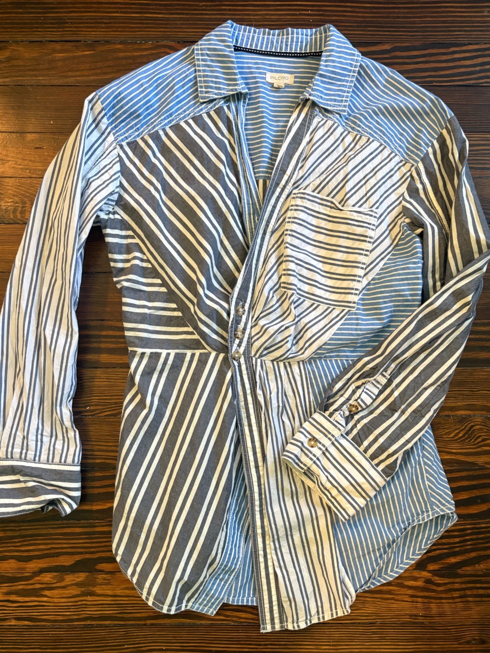 Pilcro by Anthropologie Blue and White Striped Patchwork Button-Down Shirt